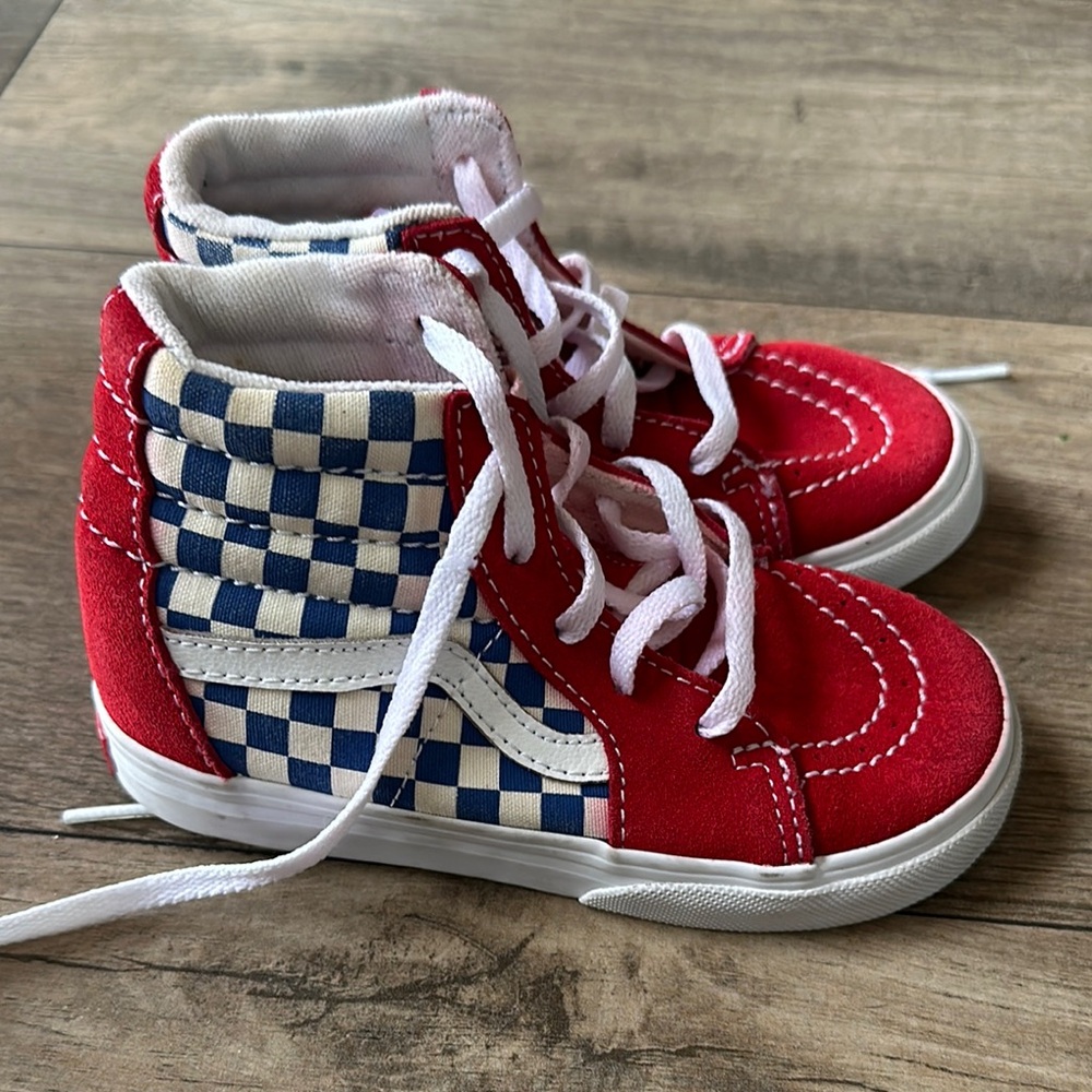 Vans Red and Blue Checkerboard High-Top Sneakers